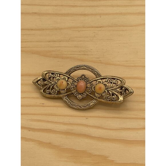 Unbranded Jewelry - vintage Victorian revival open work gold tone brooch pink cream cabochons